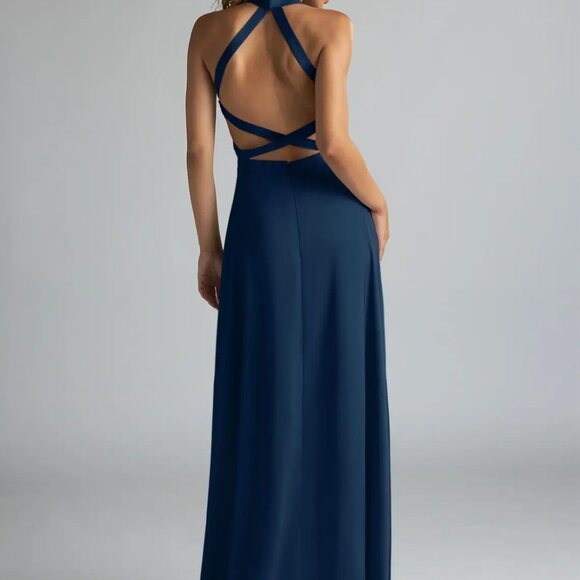 Azazie Clarice Stretch Dark Navy A-Line High Neck Stretch Satin Dress - Picture 2 of 5